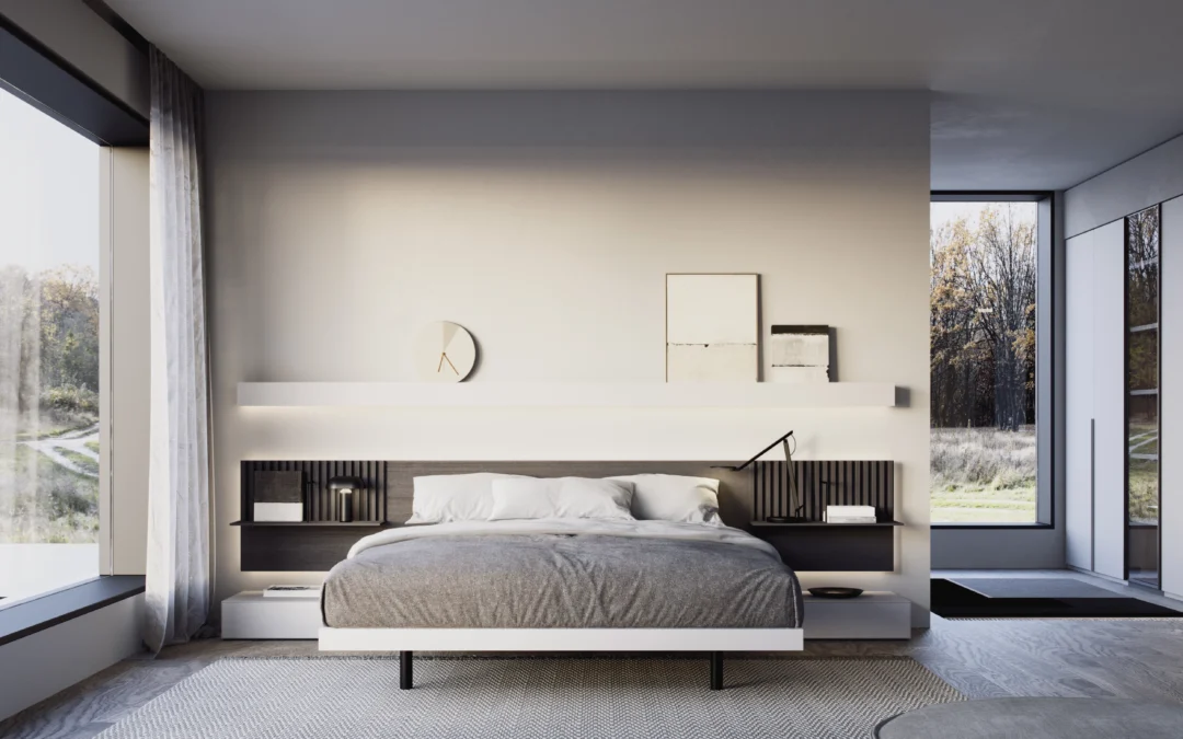 Dormitorio moderno con cabecero modular, estante flotante e iluminación indirecta