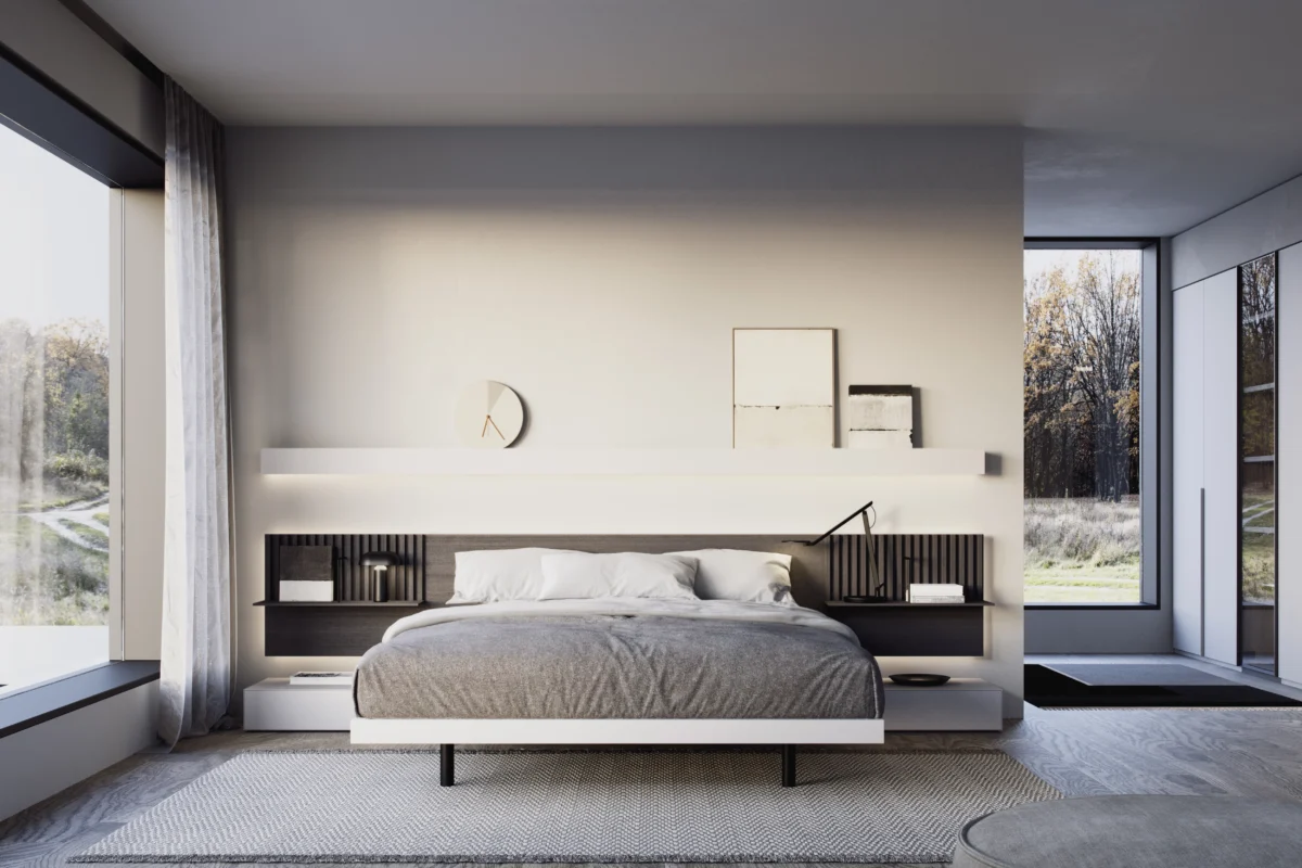 Dormitorio moderno con cabecero modular, estante flotante e iluminación indirecta