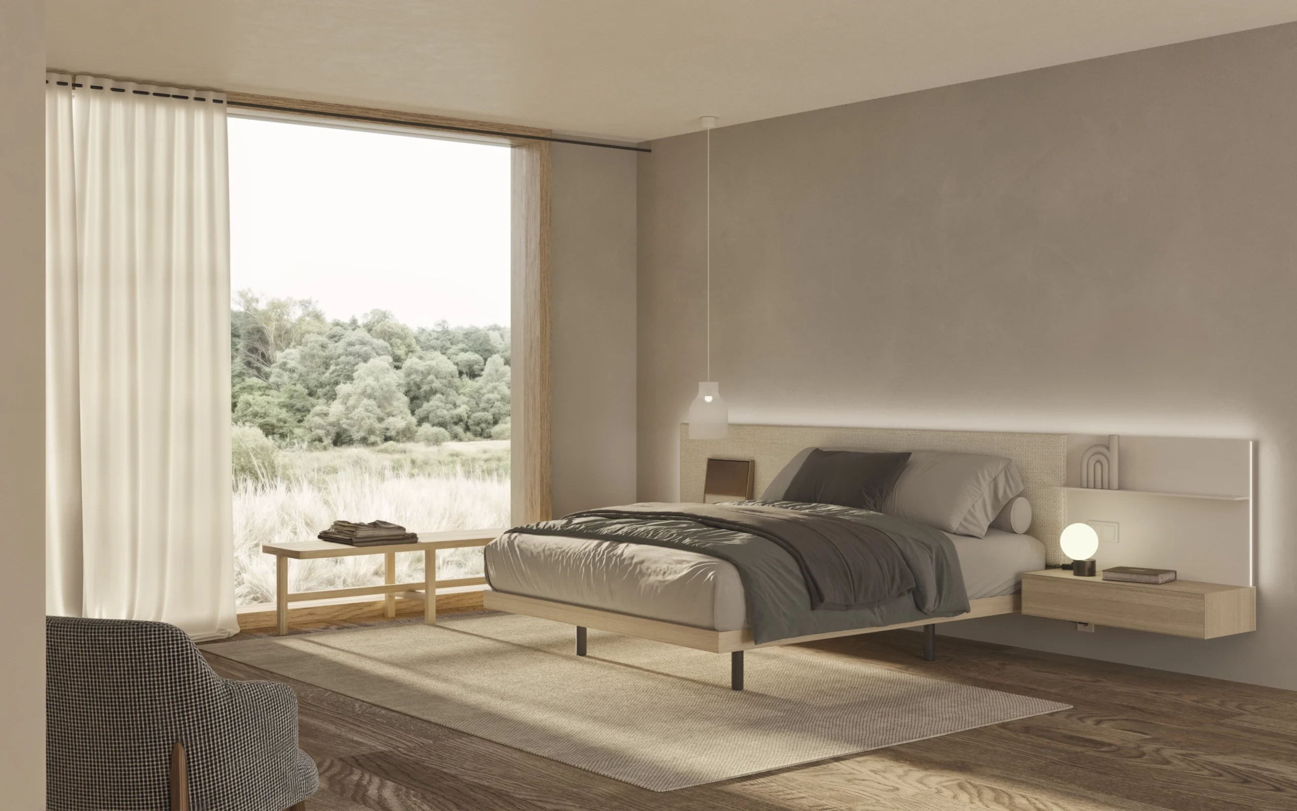 Dormitorio minimalista con cama de madera clara e iluminación integrada en el cabecero<br />
