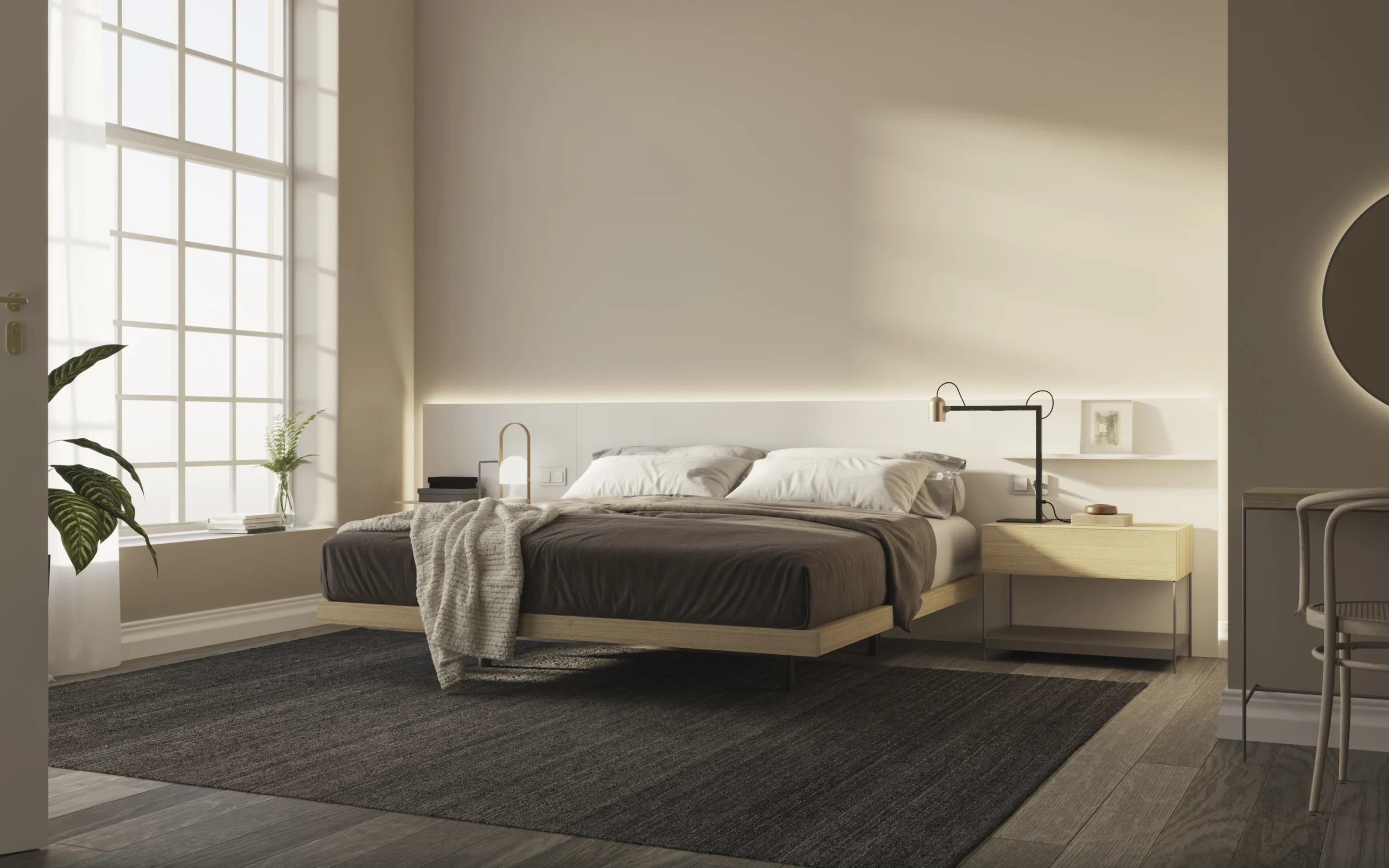 Dormitorio contemporáneo con cama flotante, cabecero iluminado y mesillas suspendidas<br />
