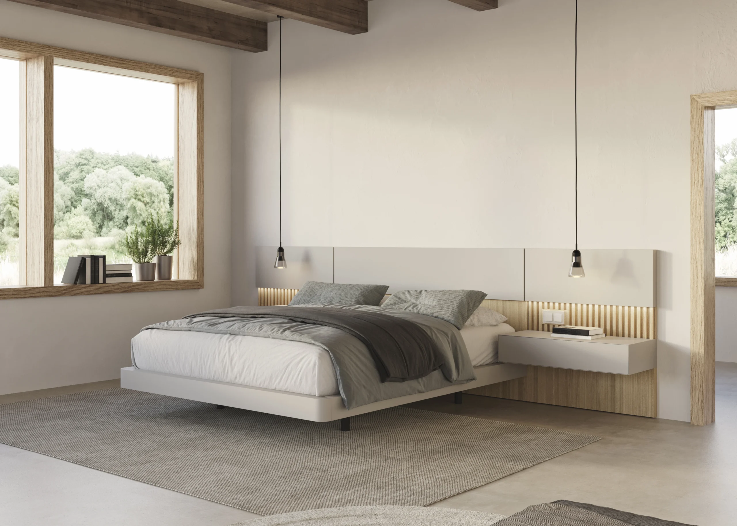 Dormitorio moderno con cabecero iluminado, mesillas suspendidas y acabados en madera natural<br />
