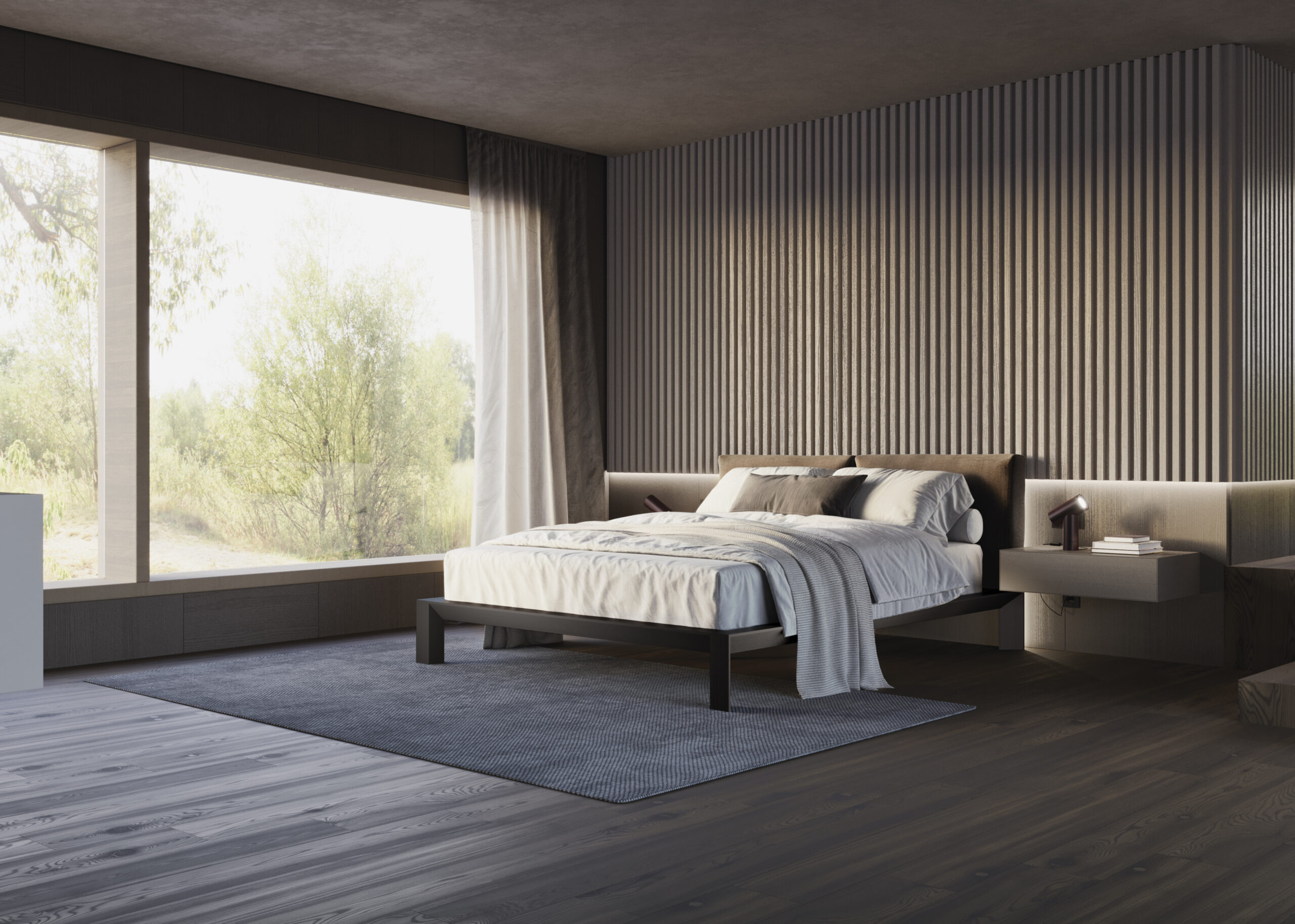 Dormitorio contemporáneo con pared de lamas verticales y grandes ventanales panorámicos<br />
