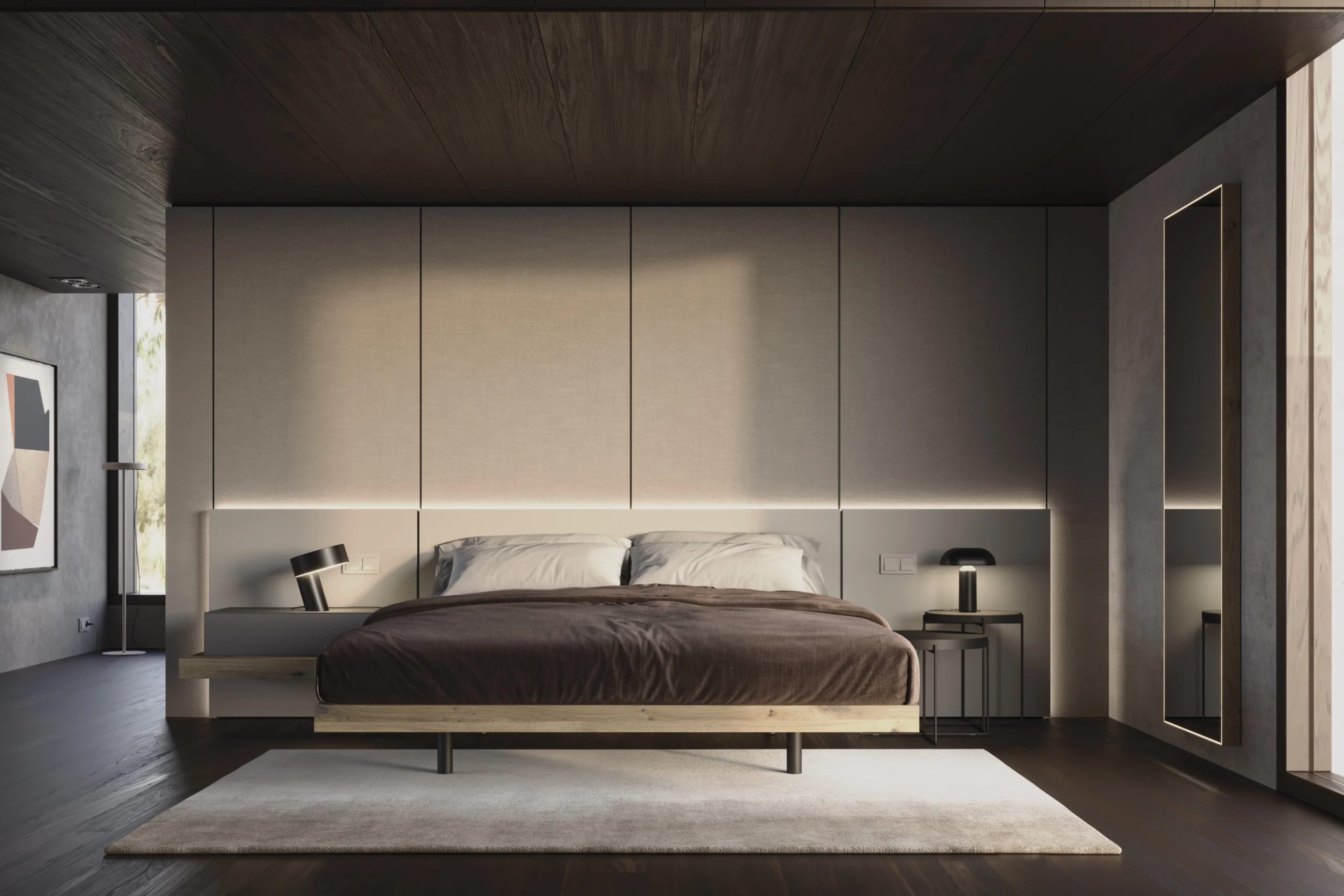 Dormitorio minimalista con cabecero tapizado, iluminación indirecta y techo de madera oscura<br />
