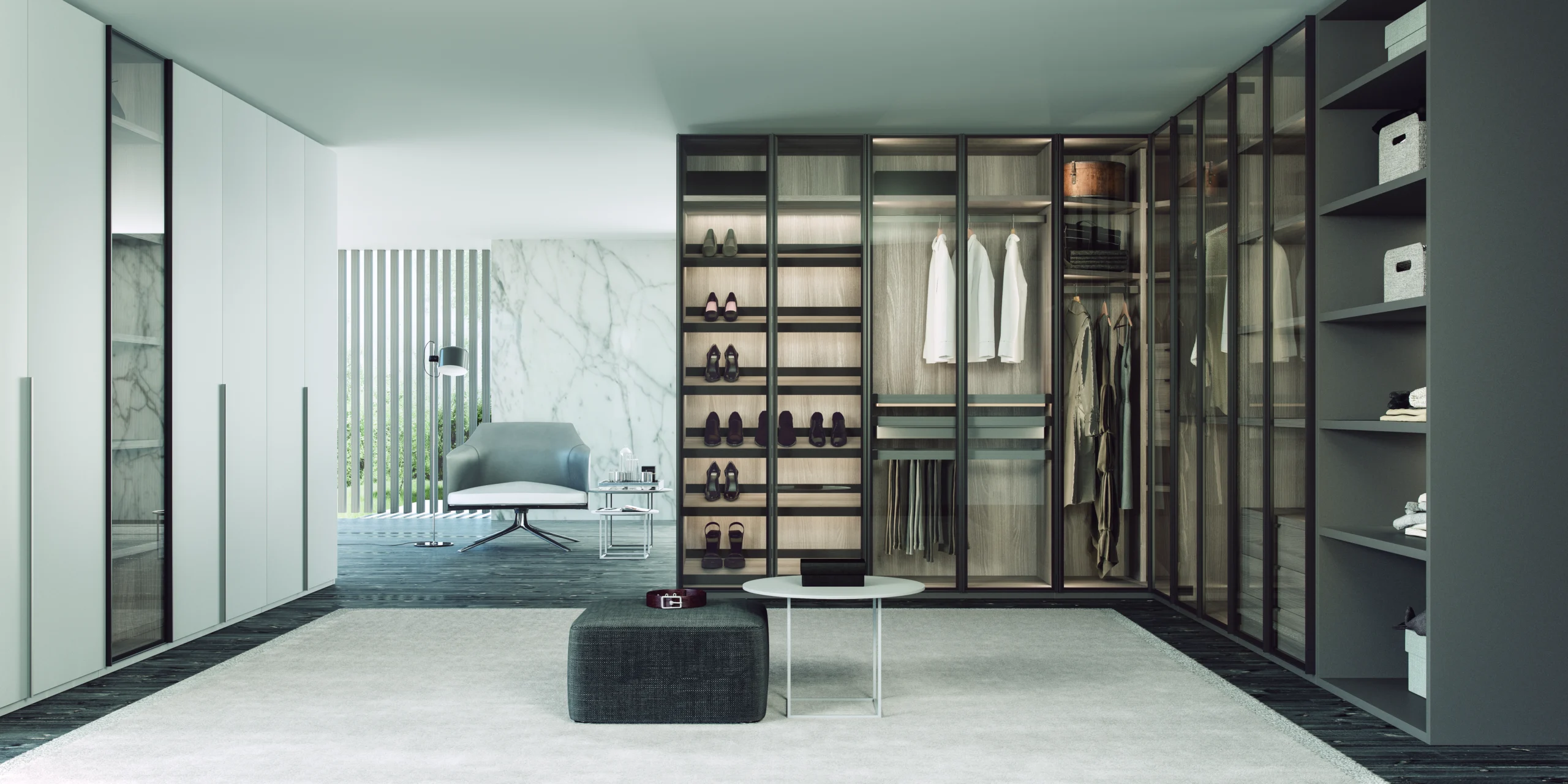 Vestidor modular con puertas de vidrio y estanterías iluminadas
