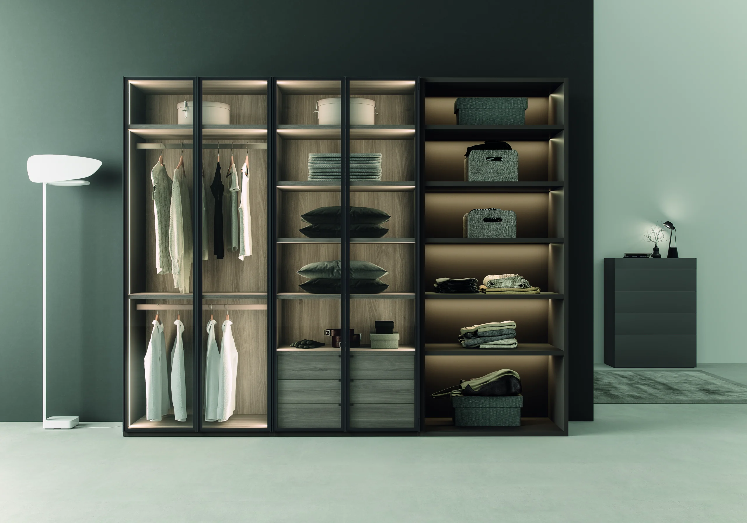 Armario y estantería modular con iluminación ambiental integrada