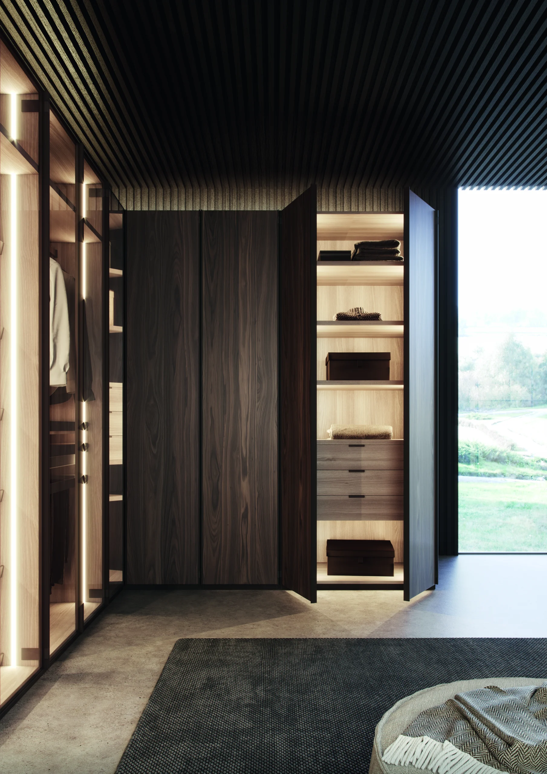 Armario modular de diseño con acabado en madera oscura e iluminación integrada